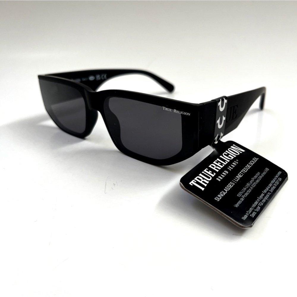 New TRUE RELIGION Sunglasses Slim Rectangle Wide Leg Logo Matte Black Acetate